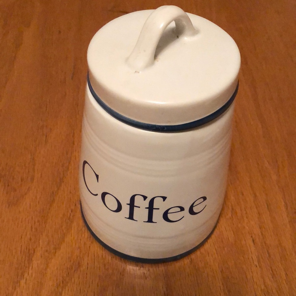 Old pottery company white and blue coffee canister